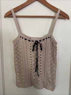 Storia Beige Knit Eyelet Tank with Black Tie